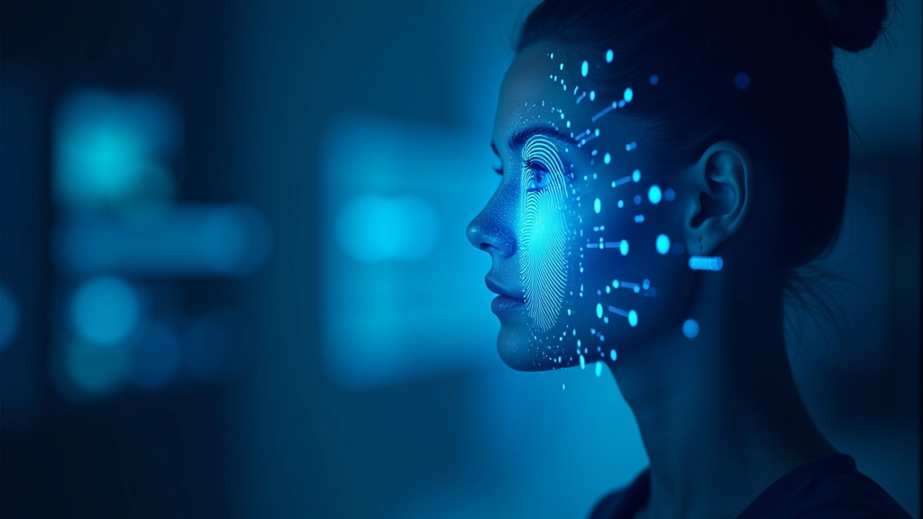 Tuvplāns cilvēka sejas noskaitījums digitālas ķēdes kontekstā, parādot biometriskās drošības koncepciju ar zils gaismu