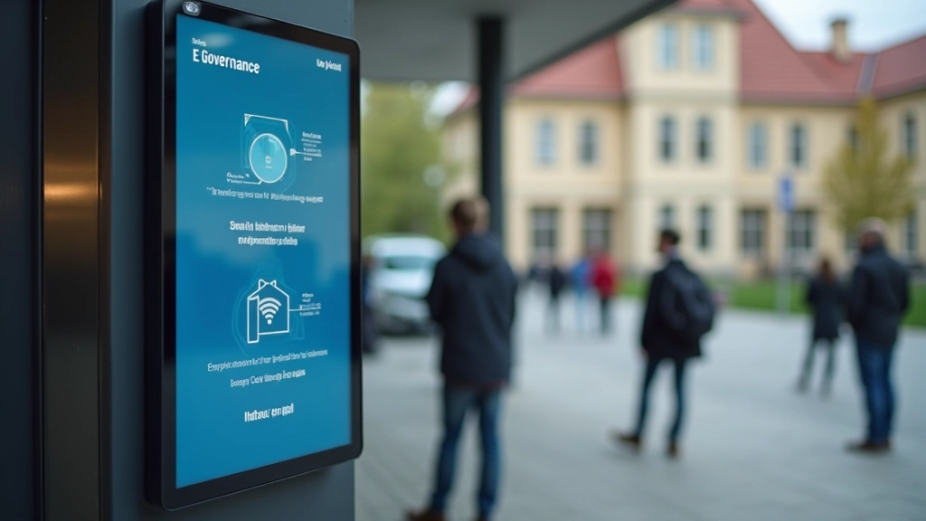 Pašvaldības ēka ar digitālo ieejas paneli un mobilais telefons parādot pašvaldības pakalpojumu aplikāciju